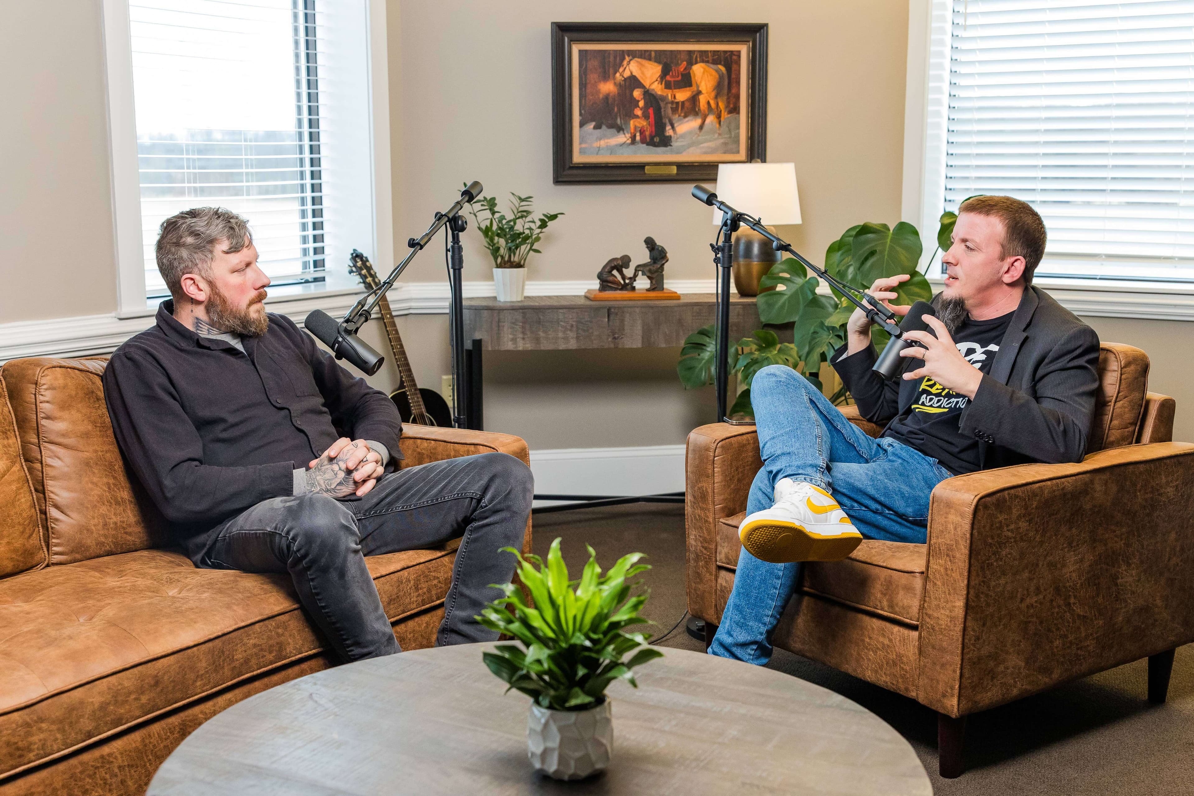 Ben Fuller recording the Rebuilding Life After Addiction Podcast with Justin Franich at Rebuilding Life Studios in Mt. Jackson, Virginia