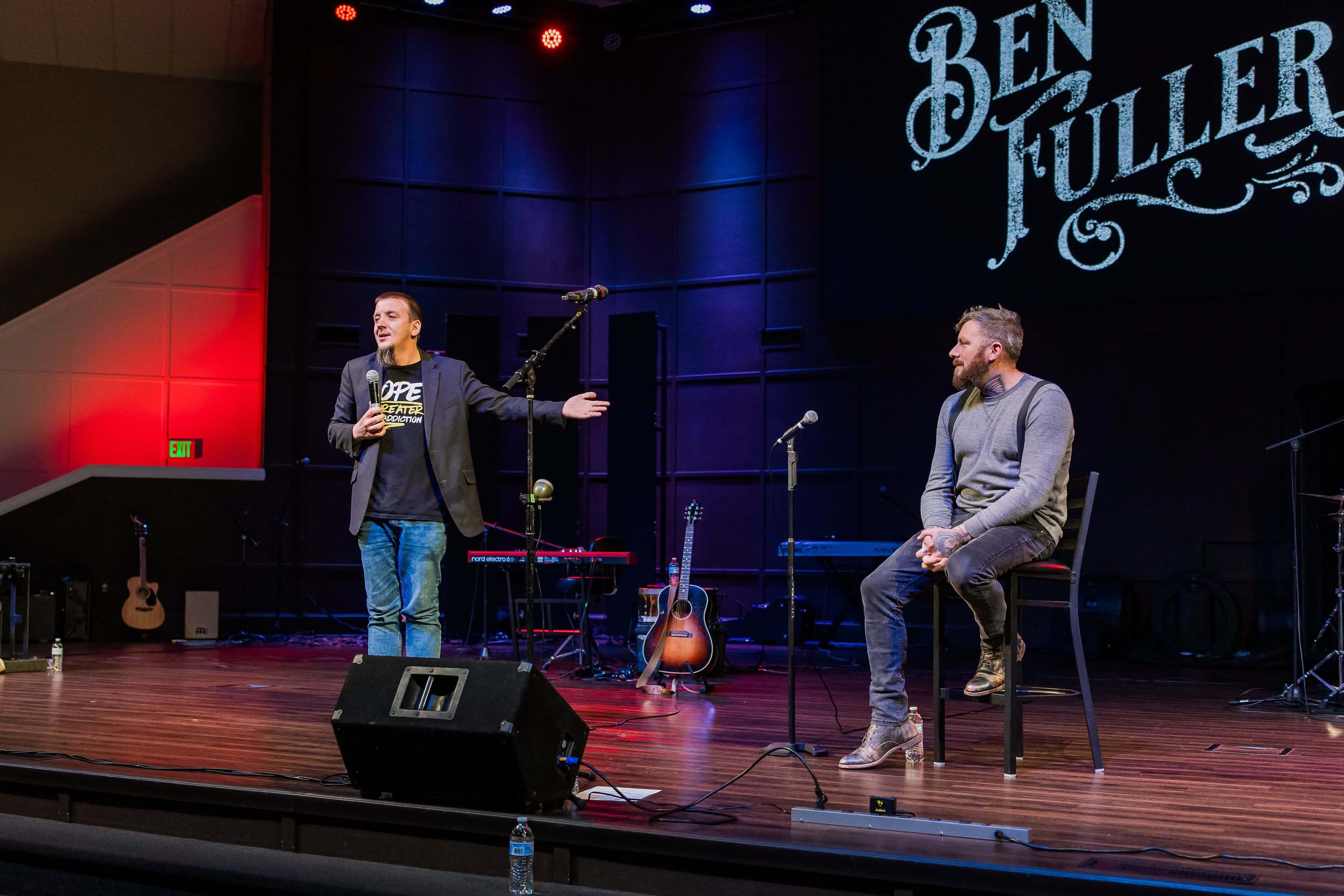 Justin Franich, Executive Director of Shenandoah Valley Teen Challenge, on stage with Ben Fuller at Winchester Church of God
