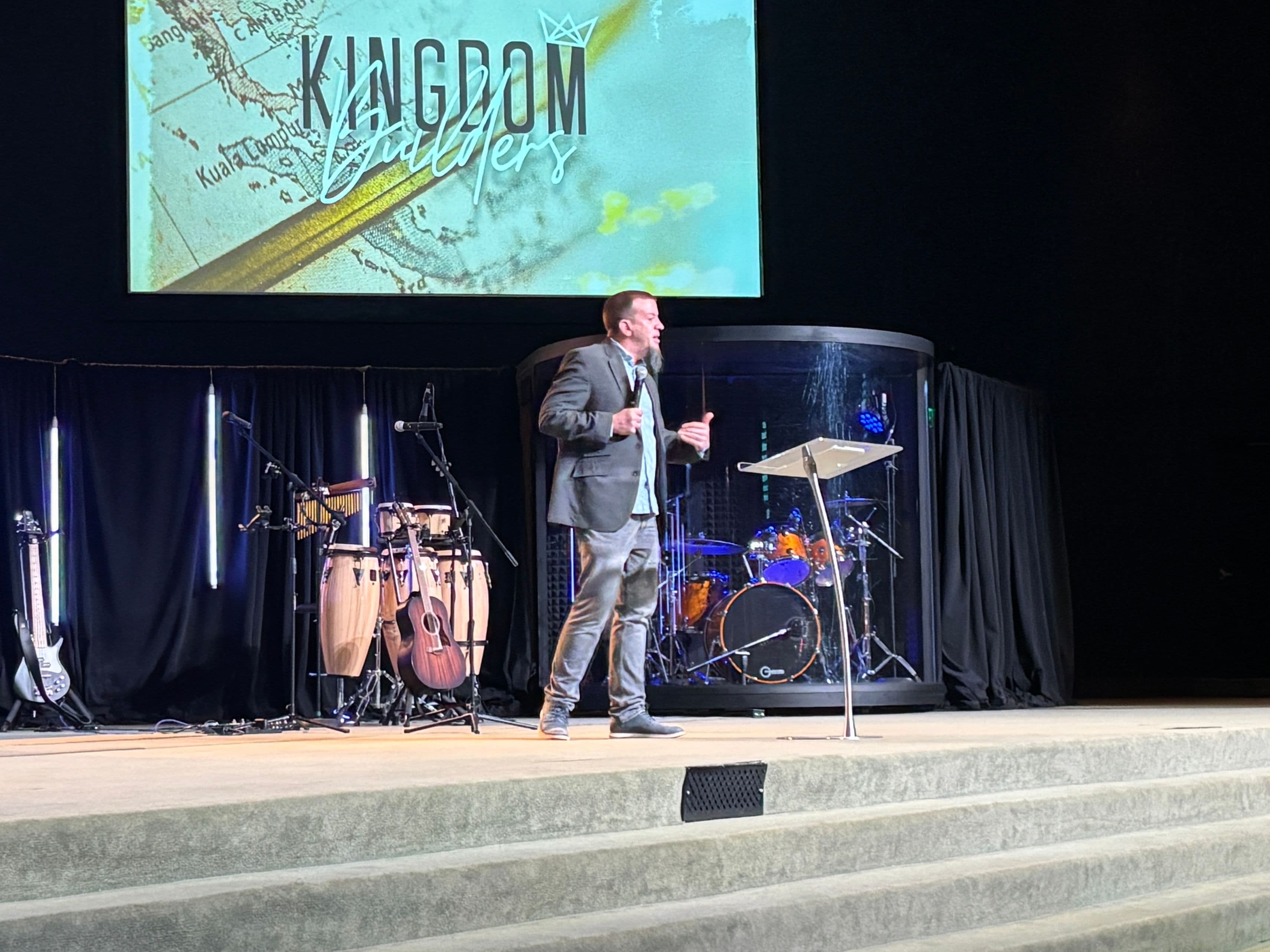 Justin Franich preaching at Victory Church in Winchester, Virginia during missions week 2026.