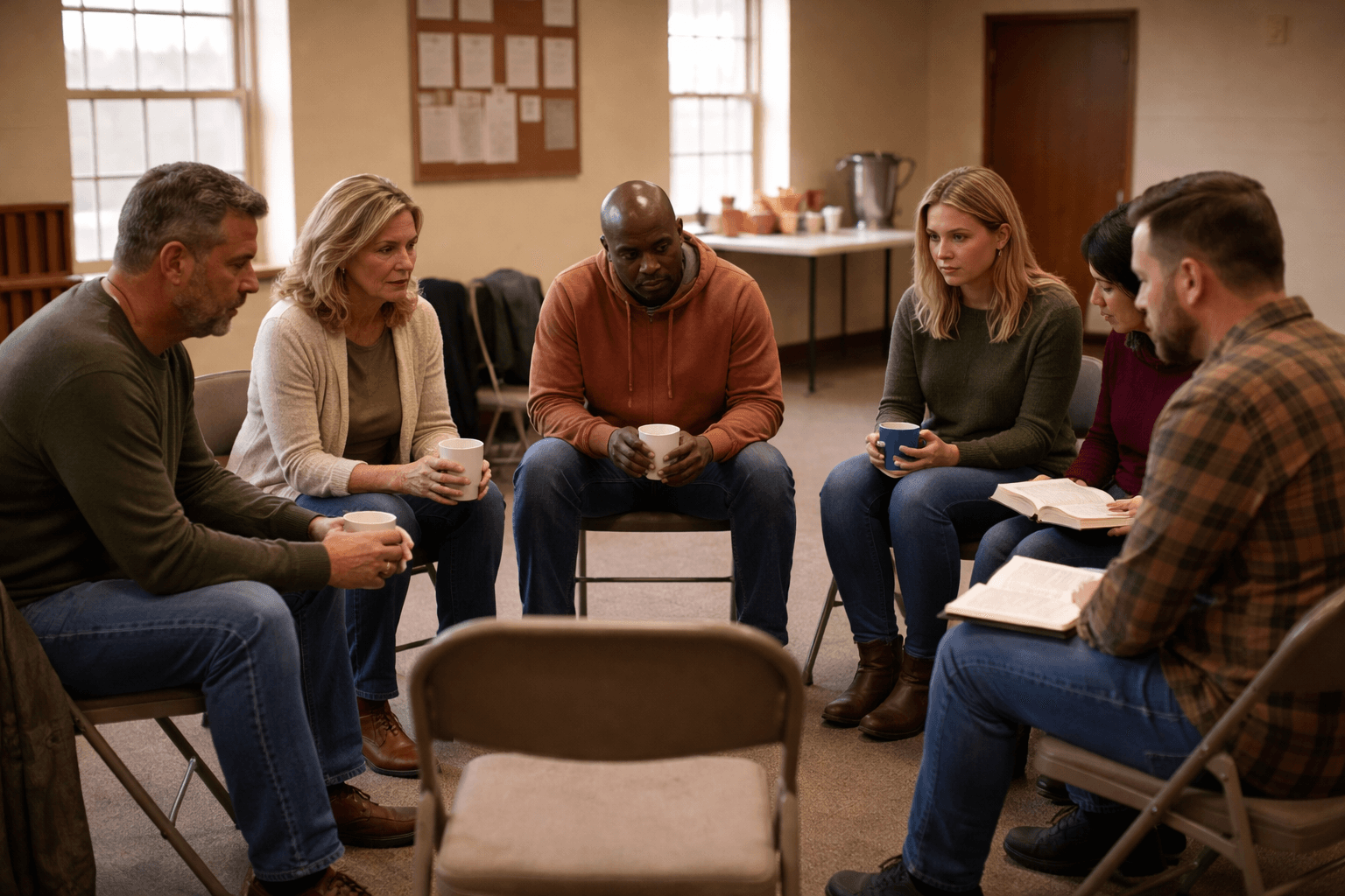 A small group meets in a church fellowship hall for a Christian support group for families of addicts in the Shenandoah Valley